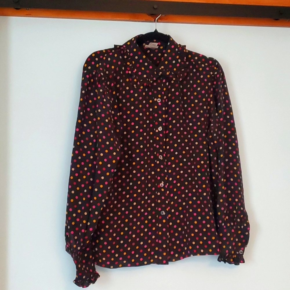 Vintage Polka Dot Silk Shirt Ruffled Collar Jean Halm Paris Size 10 (Large)